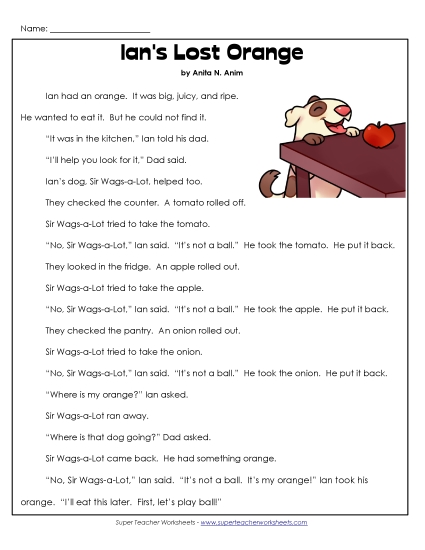 Ian and Sir Wags-a-Lot Stories (Fiction) - Ian's Lost Orange (Printable PDF Worksheet)