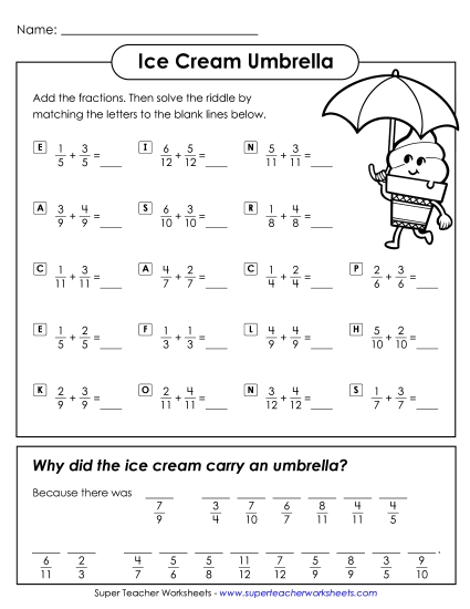 Addition - Ice Cream Umbrella (Adding Fractions / Like Denominators) (Printable PDF Worksheet)
