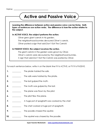 Identifying Active and Passive Voice - Identify Active and Passive Voice Worksheet 1 (Printable PDF Worksheet)