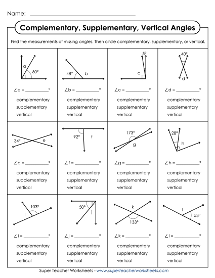 Complementary, Supplementary, & Vertical Angles - Identify Complementary, Supplementary, & Vertical (Printable PDF Worksheet)