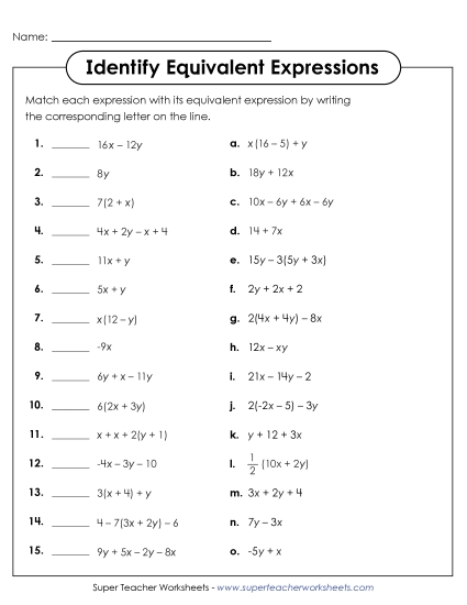 Identify Equivalent Expressions - Identify Equivalent Expressions (Matching) (Printable PDF Worksheet)