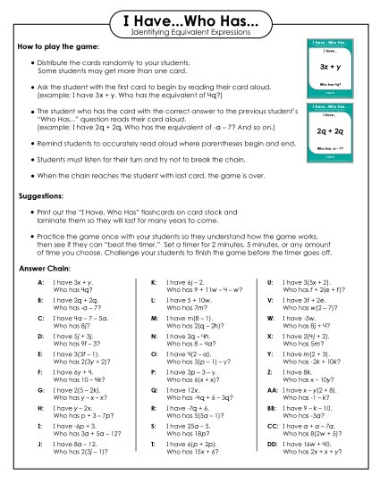 I Have...Who Has... Game - Identifying Equivalent Expressions (I Have...Who Has) (Printable PDF Worksheet)