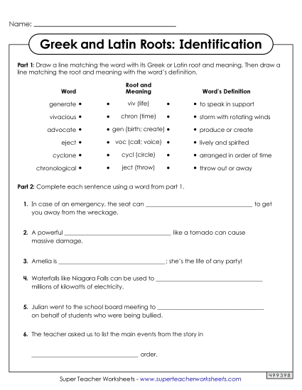 Worksheets - Identifying Greek and Latin Roots Worksheet 2 (Printable PDF Worksheet)