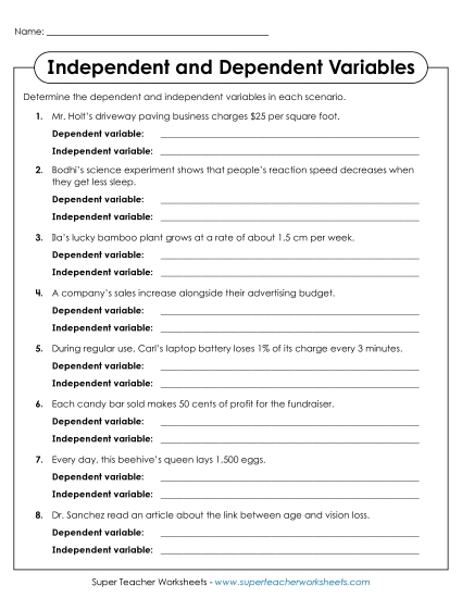 Dependent & Independent Variables Only - Identifying Independent and Dependent Variables Practice (Printable PDF Worksheet)