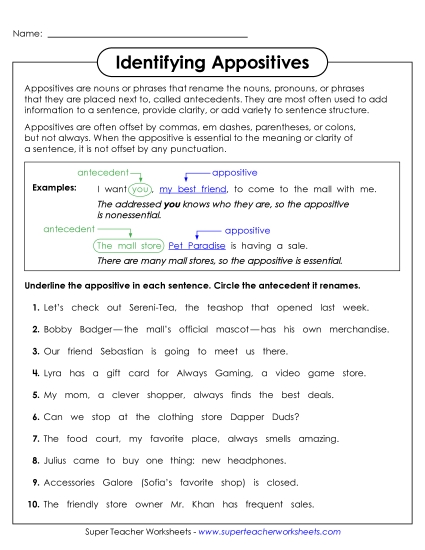 Worksheets - Identifying Parts of Appositives (Printable PDF Worksheet)