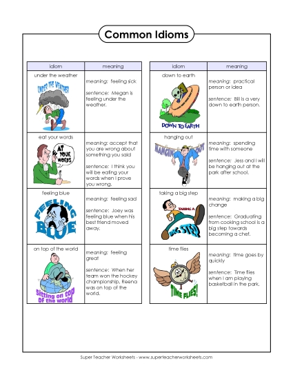 Idioms: Illustrated List (Printable PDF Worksheet)