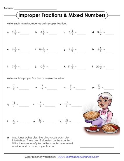 Improper Fractions and Mixed Numbers - Improper Fractions to Mixed Numbers (Printable PDF Worksheet)