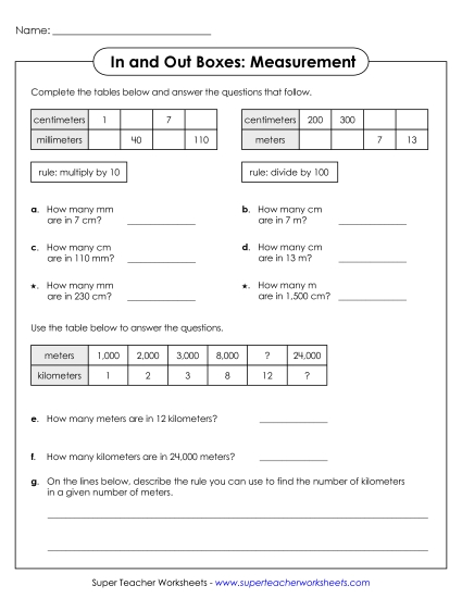 Intermediate - In & Out Boxes  - Linear Measurement (Metric) (Printable PDF Worksheet)