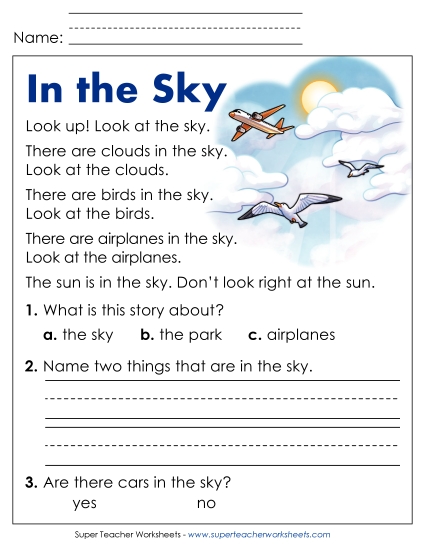 Reading Comprehension and  Additional ELA Skills - In the Sky (Printable PDF Worksheet)