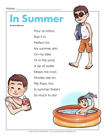 Reading Comprehension - In the Summer (Poem) (Printable PDF Worksheet)