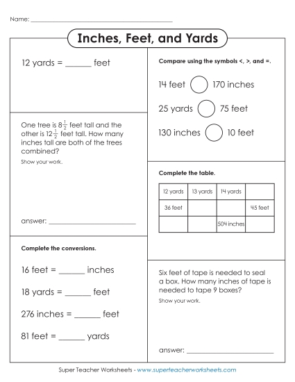 Conversions & Unit Comparisons - Inches, Feet, and Yards Variety Worksheet (Advanced) (Printable PDF Worksheet)