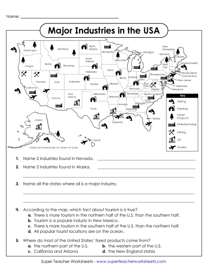 Basic Map Skills - Industry Map of the USA (Printable PDF Worksheet)