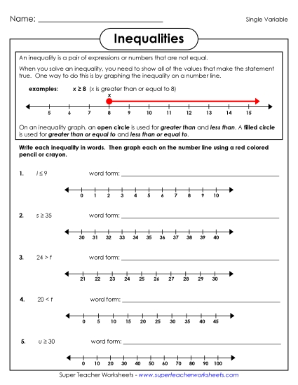 Basic Level: Positive Whole Numbers Only - Inequalities (Basic) (Printable PDF Worksheet)
