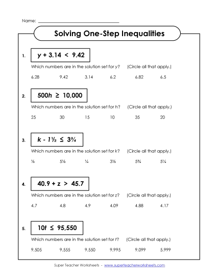 Intermediate Level (Includes Neg. Numbers & Decimals) - Inequalities: Solutions (Intermediate) (Printable PDF Worksheet)