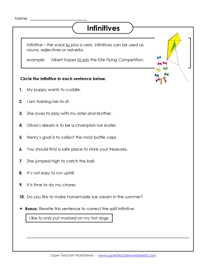 Infinitives - Infinitives (Printable PDF Worksheet)