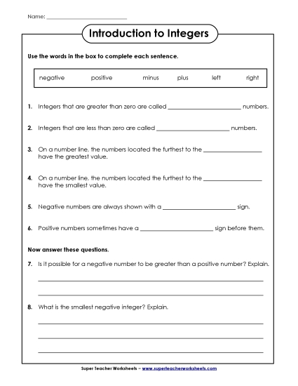 Basic Integers - Integer Questions (Basic) (Printable PDF Worksheet)