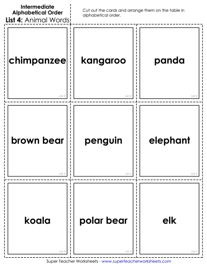 Intermediate ABC Order (Second & Third Letter) - Intermediate: Card Sort 1 (Printable PDF Worksheet)