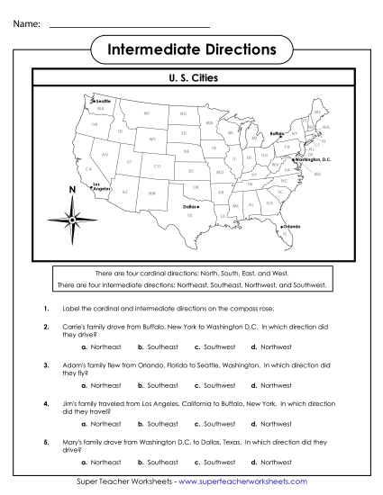 Basic Map Skills - Intermediate Directions (NE, NW, SE, SW) (Printable PDF Worksheet)