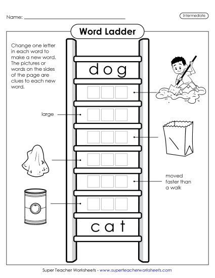 Level: Intermediate - Intermediate Word Ladder: Dog to Cat (Printable PDF Worksheet)