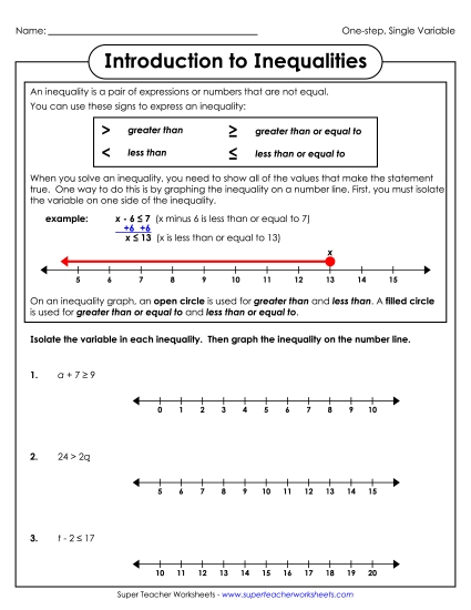 Basic Level (Whole Numbers Only) - Introduction to Inequalities (Basic) (Printable PDF Worksheet)