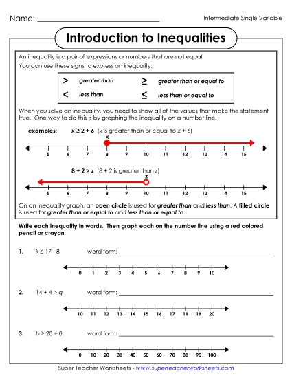 Intermediate Level: Pos & Neg Numbers - Introduction to Inequalities (Intermediate) (Printable PDF Worksheet)