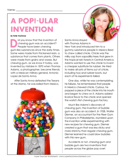 Nonfiction Articles - Invention of Gum  (Printable PDF Worksheet)
