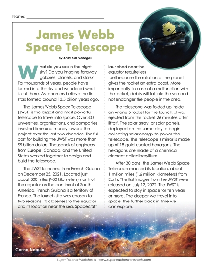 Articles with Questions - James Webb Space Telescope Article & Questions (Printable PDF Worksheet)
