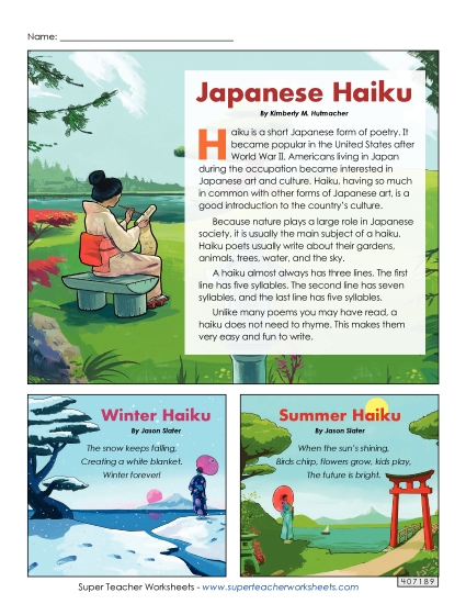 Articles - Japanese Haiku (Article and Examples) (Printable PDF Worksheet)