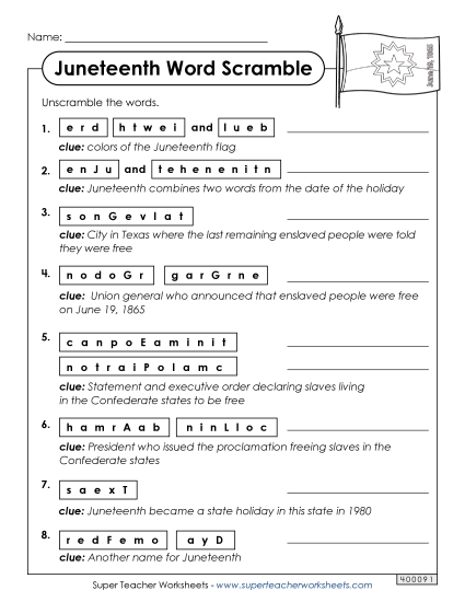 Puzzles - Juneteenth Word Scramble (Printable PDF Worksheet)