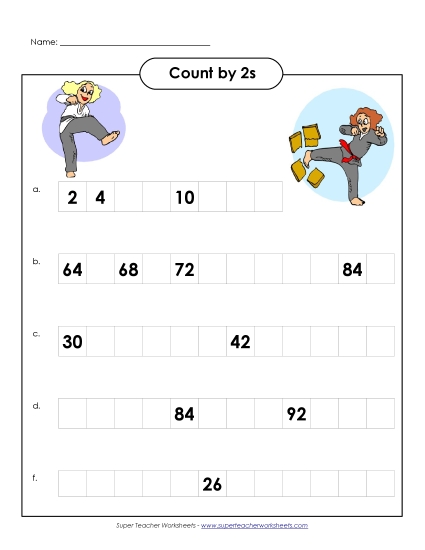Skip Count by 2s - Karate: Count by 2s (Printable PDF Worksheet)