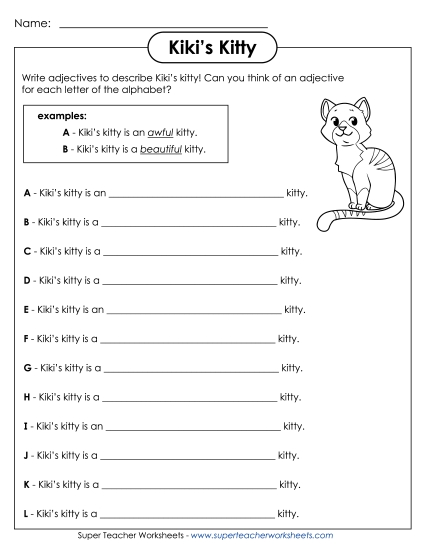 Basic Adjectives - Kiki's Kitty (Printable PDF Worksheet)