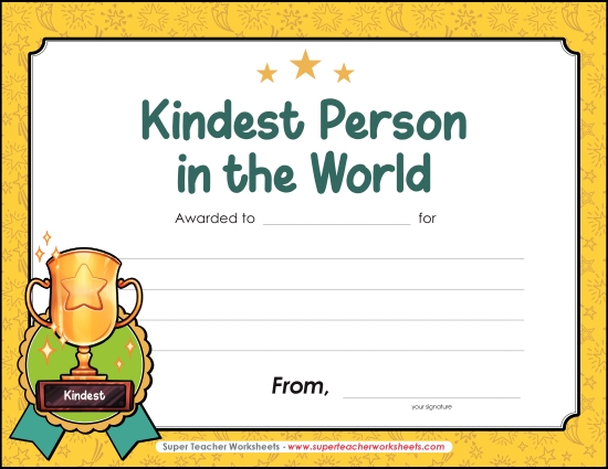Kids Create Their Own Awards - Kindest Person in the World (Printable PDF Worksheet)