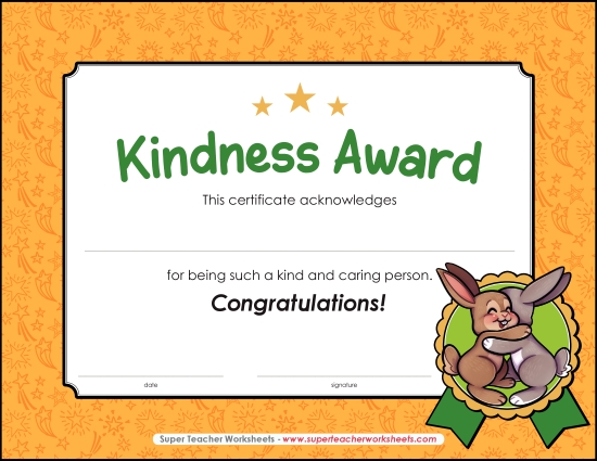 Character Awards - Kindness Award (Printable PDF Worksheet)