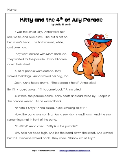 Reading - Kitty and the 4th of July Parade (Printable PDF Worksheet)