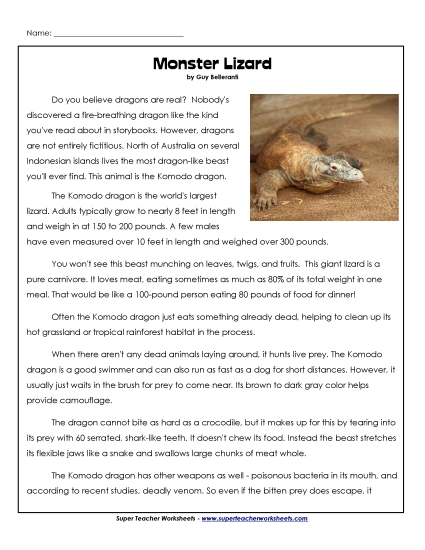 Reptiles - Komodo Dragons (Printable PDF Worksheet)