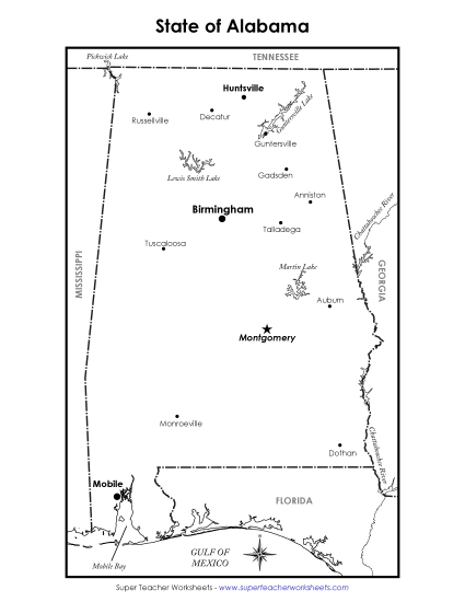Maps - Labeled Alabama Map (Printable PDF Worksheet)