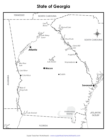 Maps - Labeled Georgia Map (Printable PDF Worksheet)