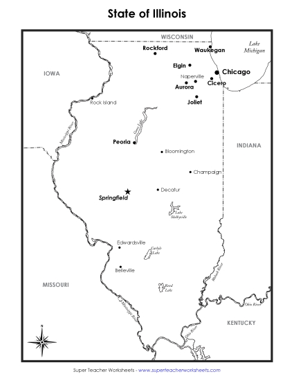 Maps - Labeled Illinois Map (Printable PDF Worksheet)