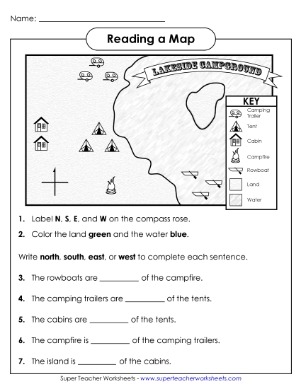 Basic Map Skills - Lakeside Campground Map (Printable PDF Worksheet)