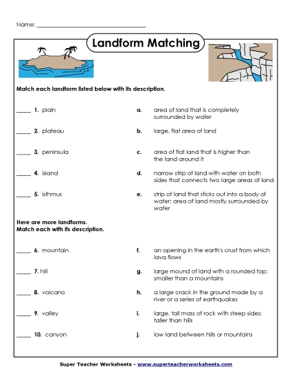 Landform Match Worksheet (Printable PDF Worksheet)