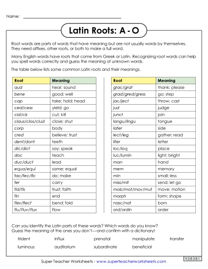 Reference Sheets - Latin Roots Reference Sheet: A Through O (Printable PDF Worksheet)