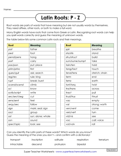 Reference Sheets - Latin Roots Reference Sheet: P Through Z (Printable PDF Worksheet)