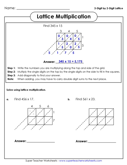 Lattice Multiplication - Lattice Multiplication (3-Digit Times 2-Digit) (Printable PDF Worksheet)