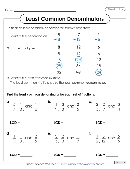Three Fractions - LCD Worksheet with Steps (3 Fractions) (Printable PDF Worksheet)
