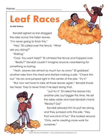 Fiction Stories - Leaf Races (Fiction) (Printable PDF Worksheet)