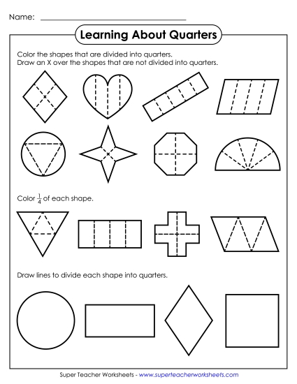 Quarters (Fourths) - Learning About Quarters (Printable PDF Worksheet)