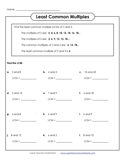 LCM of 2 Numbers - Least Common Multiple (Printable PDF Worksheet)
