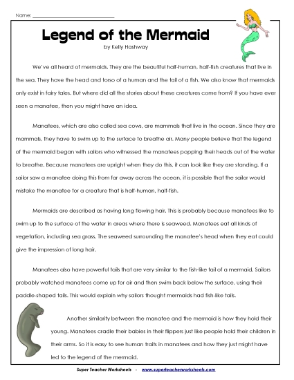 Nonfiction Articles - Legend of the Mermaid (Printable PDF Worksheet)