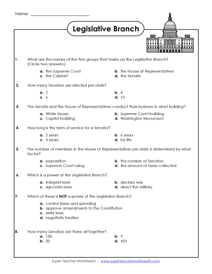 Worksheets - Legislative Branch Questions (Printable PDF Worksheet)