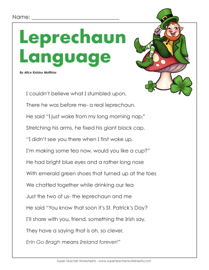 Holiday Poems - Leprechaun Language (St. Patrick's Day) (Printable PDF Worksheet)